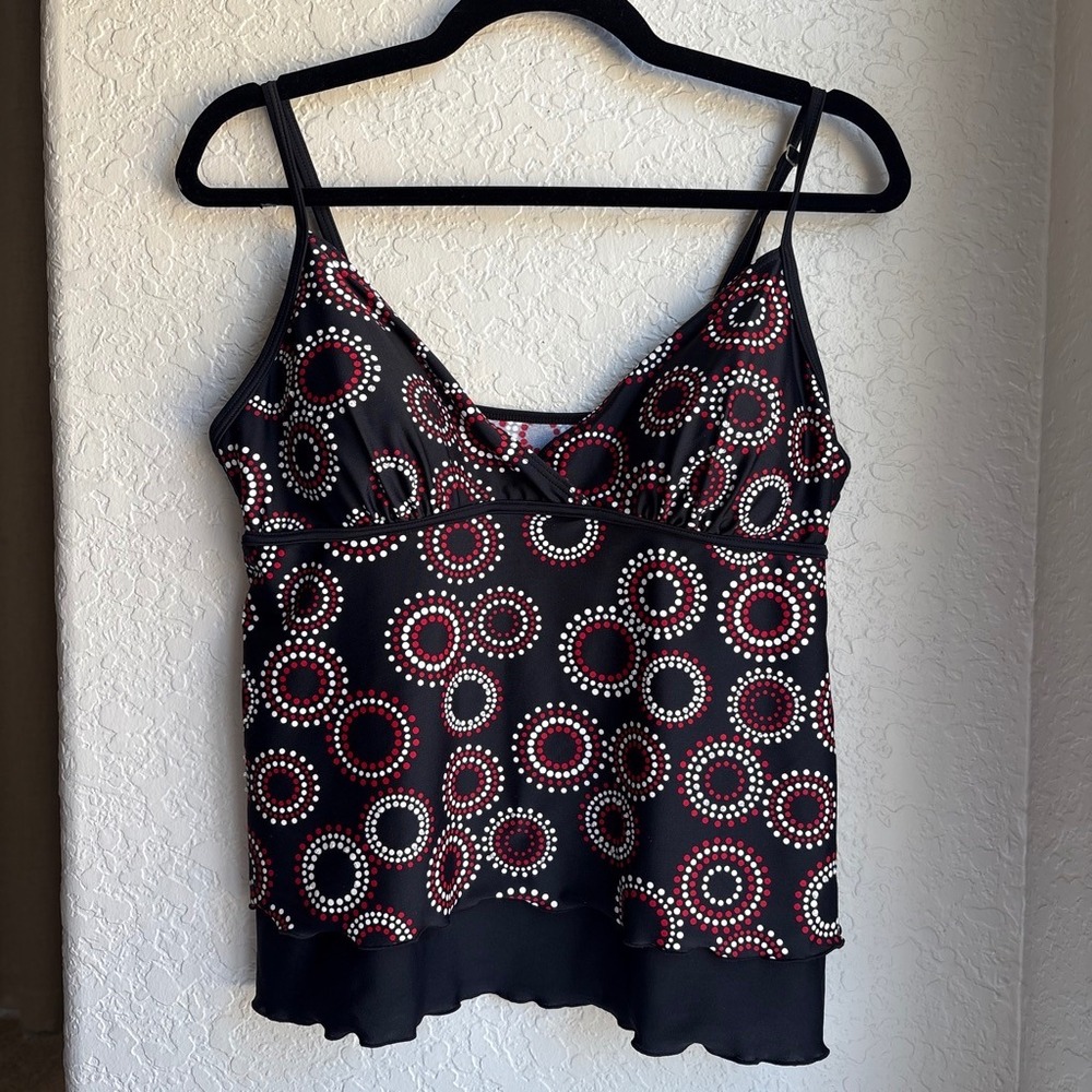 Women 14 Y2K 90s Tankini Swim Top Black Red Rhinestone Layered Lettuce Trim Bra